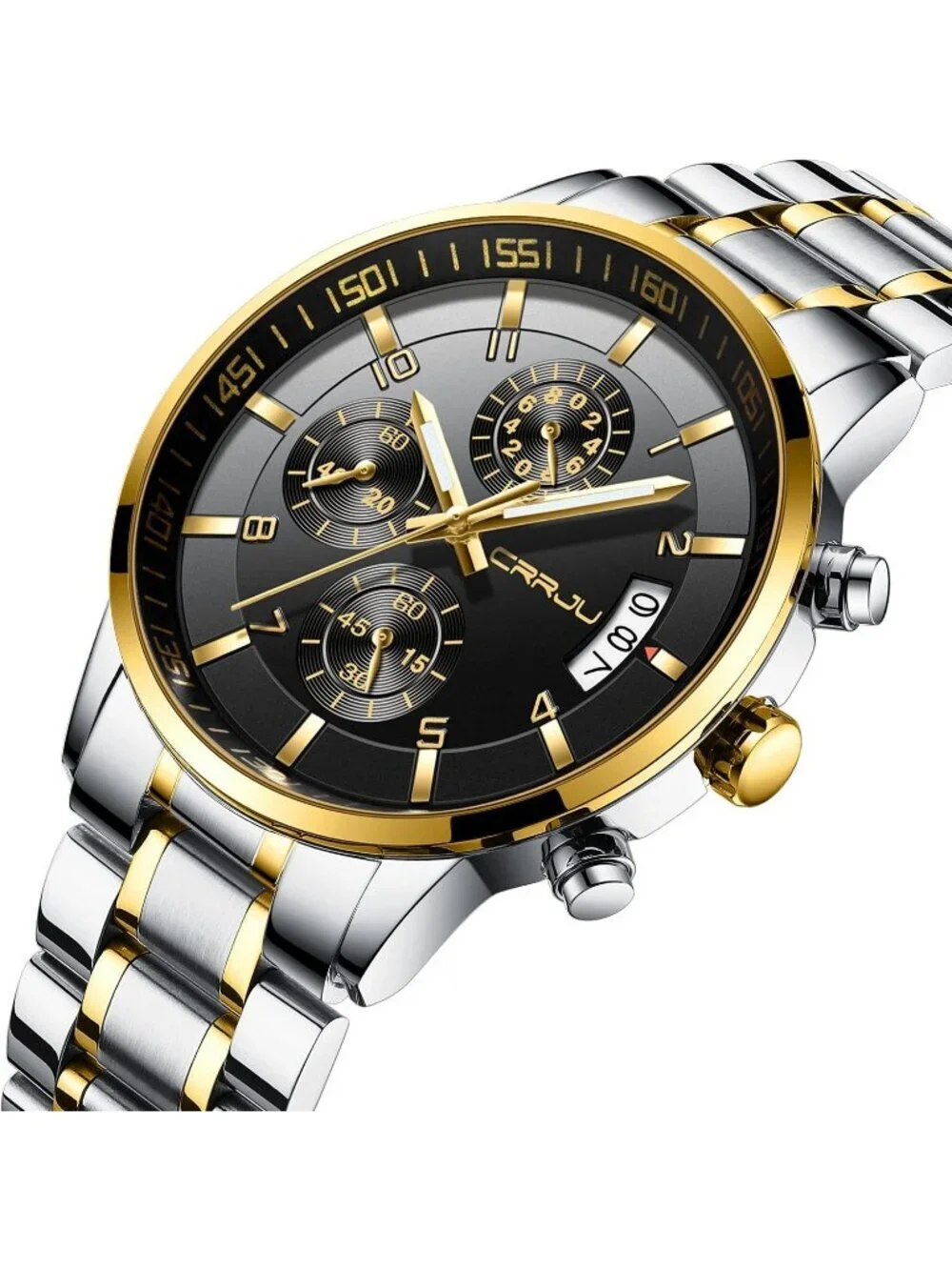 Mens Silver And Black Analog Stainless Steel Waterproof Chronograph Wrist Watch